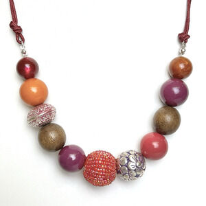 Colorful Beaded Necklace Round Acrylic Mauve Cord Artsy Boho Chic Statement Fun